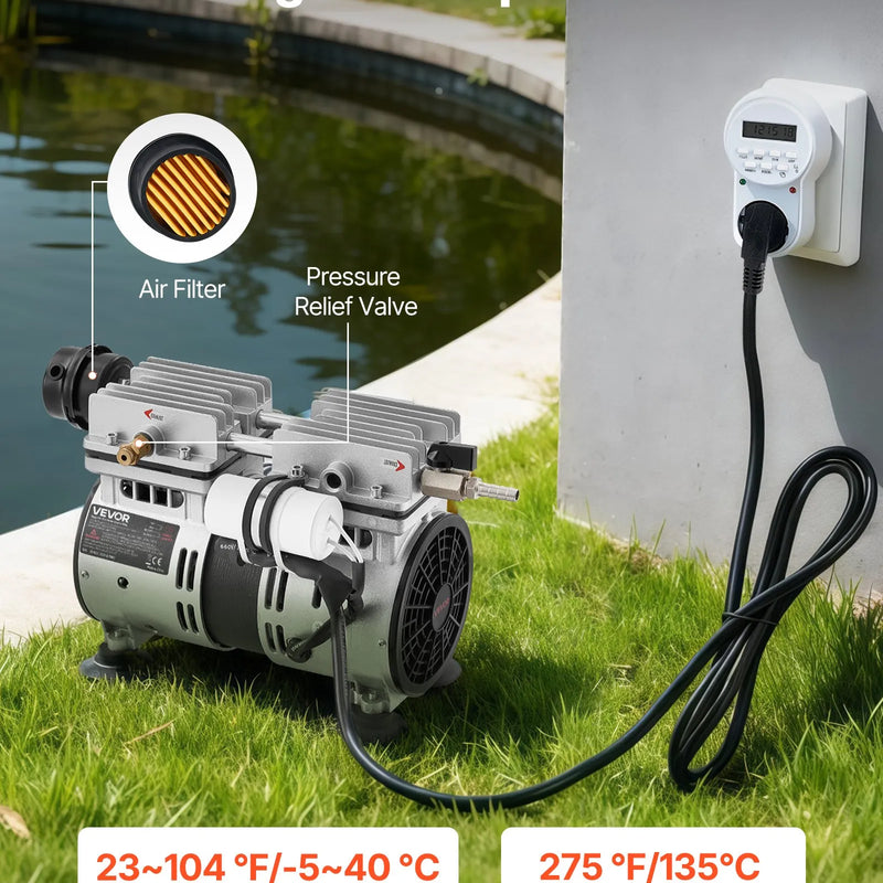 VEVOR dīķa aerators, 5,2 CFM gaisa kompresors ar 4/5 ZS jaudu, dīķiem un ezeriem līdz 3 akriem, aizsardzība pret pārkaršanu un pretatplūdes vārsts, 590 W jaudīgs motors, dīķa aerācijas sūknis ūdens skābekļa cirkulācijai