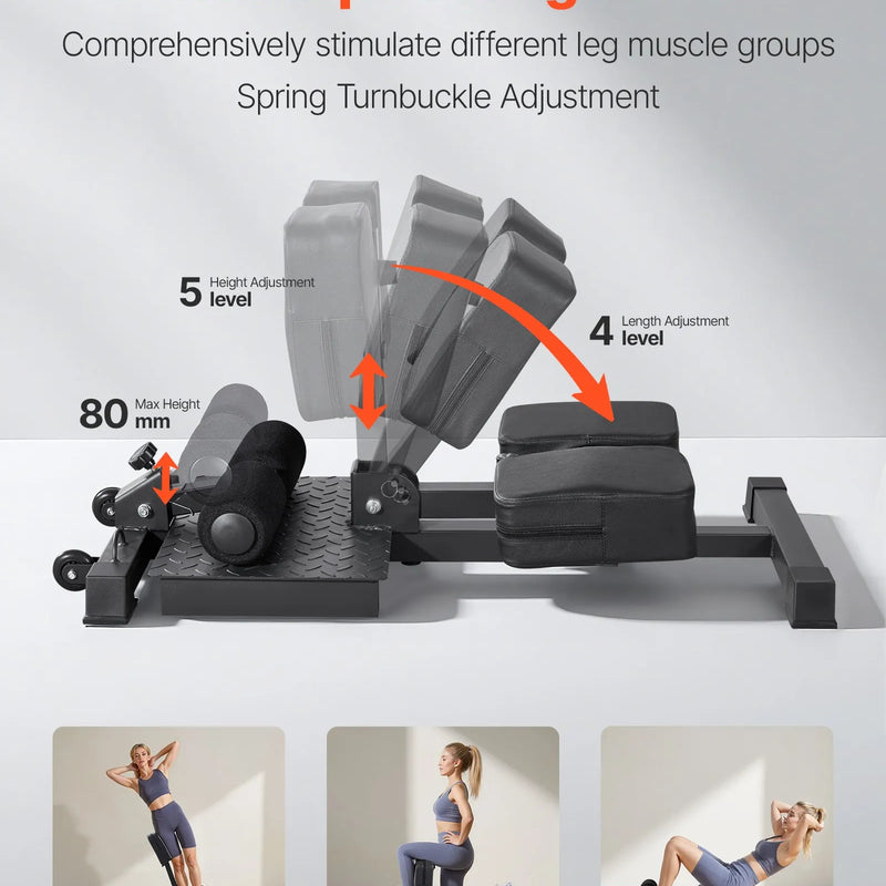 VEVOR sissy squat trenažieris, daudzfunkcionāls dziļo pietupienu sols kāju, korsetes un sēžas muskuļu trenēšanai, salokāms un viegli uzstādāms trenažieris mājas sporta zālei, melns