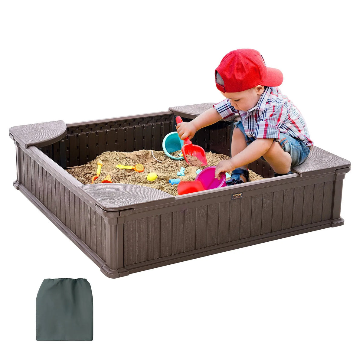VEVOR smilšu kaste ar pārsegu, kvadrātveida HDPE smilšu kaste 123,5 × 123,5 × 31,5 cm ar 4 stūra sēdvietām un apakšas oderi, bērnu smilšu kaste lietošanai pagalmā, pludmalē vai parkā, piemērota bērniem no 3 līdz 12 gadiem, brūnā krāsā