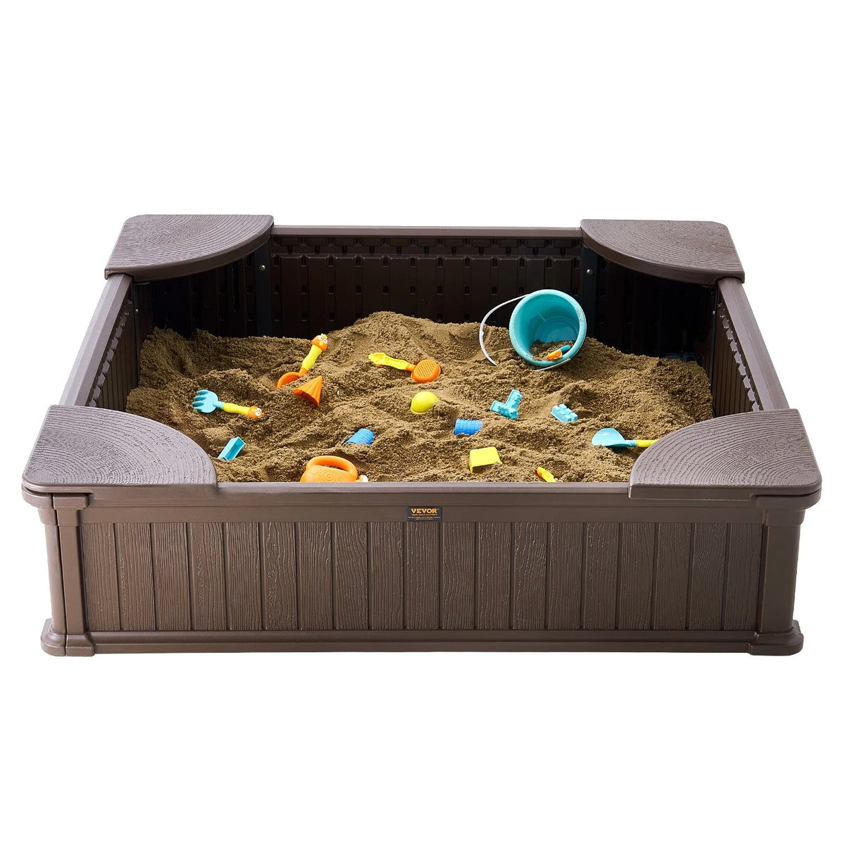 VEVOR smilšu kaste ar pārsegu, kvadrātveida HDPE smilšu kaste 123,5 × 123,5 × 31,5 cm ar 4 stūra sēdvietām un apakšas oderi, bērnu smilšu kaste lietošanai pagalmā, pludmalē vai parkā, piemērota bērniem no 3 līdz 12 gadiem, brūnā krāsā