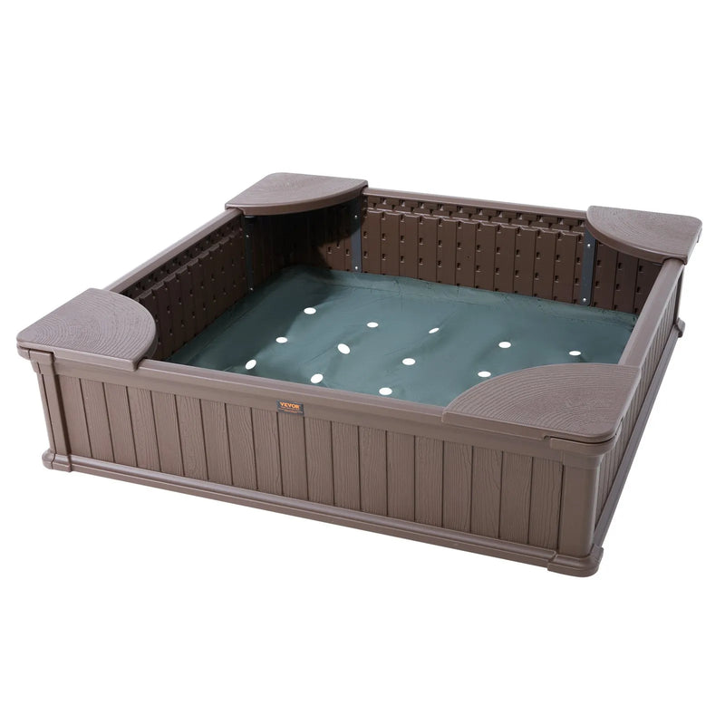 VEVOR smilšu kaste ar pārsegu, kvadrātveida HDPE smilšu kaste 123,5 × 123,5 × 31,5 cm ar 4 stūra sēdvietām un apakšas oderi, bērnu smilšu kaste lietošanai pagalmā, pludmalē vai parkā, piemērota bērniem no 3 līdz 12 gadiem, brūnā krāsā