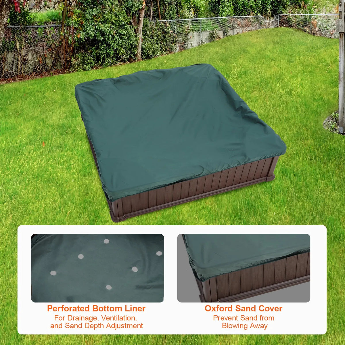 VEVOR smilšu kaste ar pārsegu, kvadrātveida HDPE smilšu kaste 123,5 × 123,5 × 31,5 cm ar 4 stūra sēdvietām un apakšas oderi, bērnu smilšu kaste lietošanai pagalmā, pludmalē vai parkā, piemērota bērniem no 3 līdz 12 gadiem, brūnā krāsā