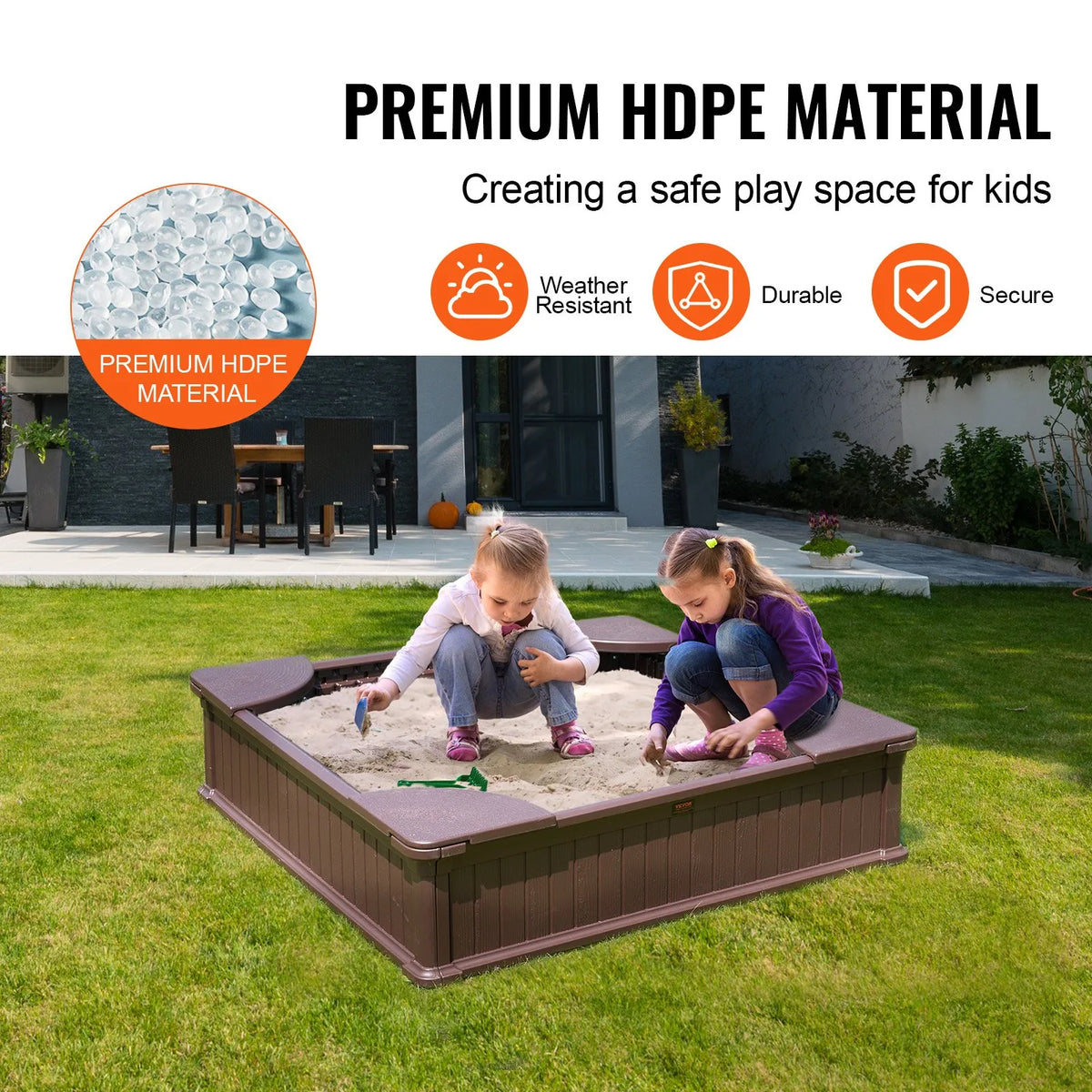 VEVOR smilšu kaste ar pārsegu, kvadrātveida HDPE smilšu kaste 123,5 × 123,5 × 31,5 cm ar 4 stūra sēdvietām un apakšas oderi, bērnu smilšu kaste lietošanai pagalmā, pludmalē vai parkā, piemērota bērniem no 3 līdz 12 gadiem, brūnā krāsā