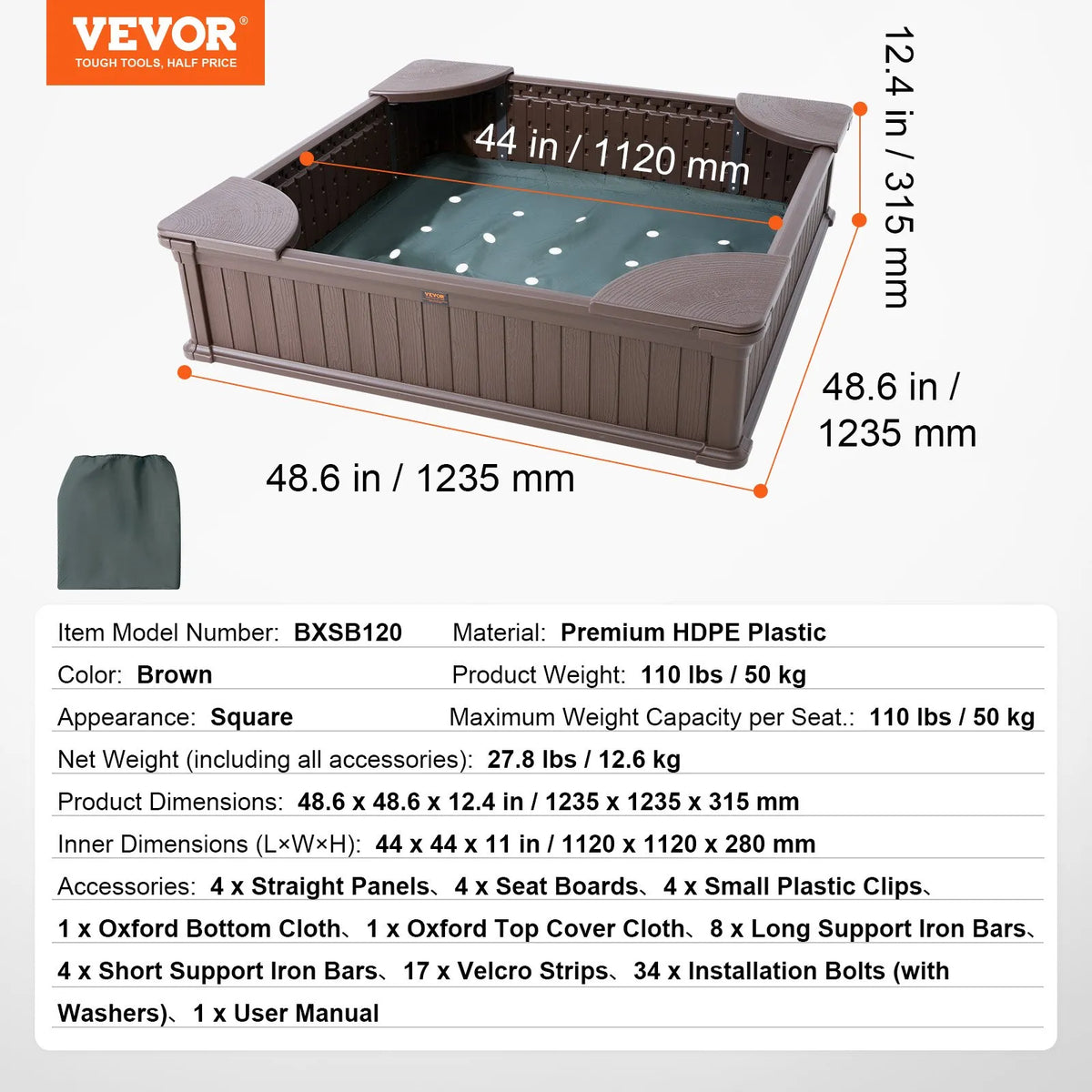 VEVOR smilšu kaste ar pārsegu, kvadrātveida HDPE smilšu kaste 123,5 × 123,5 × 31,5 cm ar 4 stūra sēdvietām un apakšas oderi, bērnu smilšu kaste lietošanai pagalmā, pludmalē vai parkā, piemērota bērniem no 3 līdz 12 gadiem, brūnā krāsā