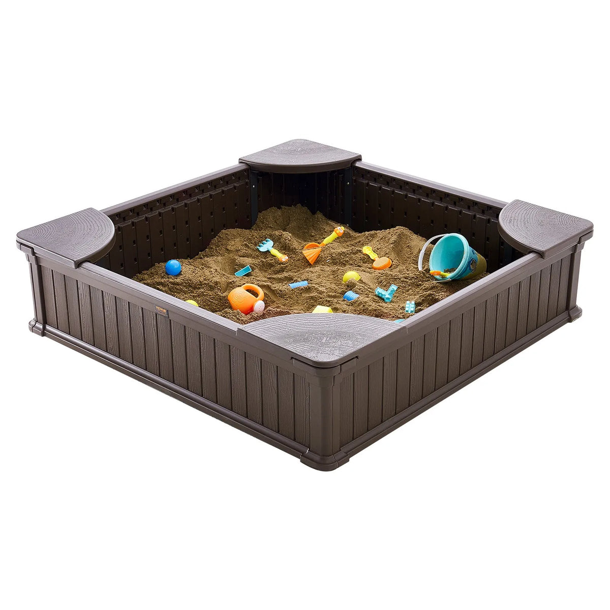VEVOR smilšu kaste ar pārsegu, kvadrātveida HDPE smilšu kaste 123,5 × 123,5 × 31,5 cm ar 4 stūra sēdvietām un apakšas oderi, bērnu smilšu kaste lietošanai pagalmā, pludmalē vai parkā, piemērota bērniem no 3 līdz 12 gadiem, brūnā krāsā