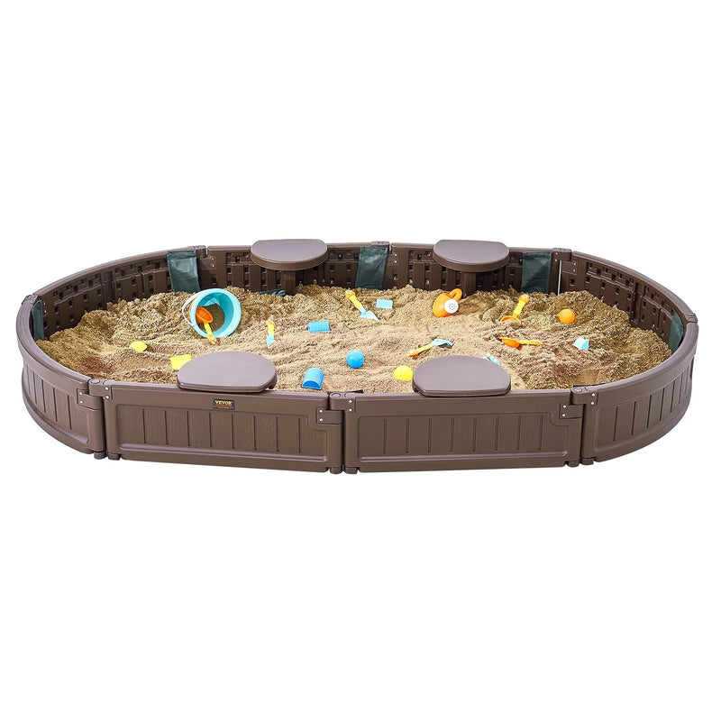 VEVOR smilšu kaste ar pārsegu, ovāla HDPE smilšu kaste 183 × 105,5 × 23 cm ar 4 stūra sēdvietām un apakšas oderi, bērnu smilšu kaste lietošanai pagalmā, pludmalē vai parkā, piemērota bērniem no 3 līdz 12 gadiem, brūnā krāsā