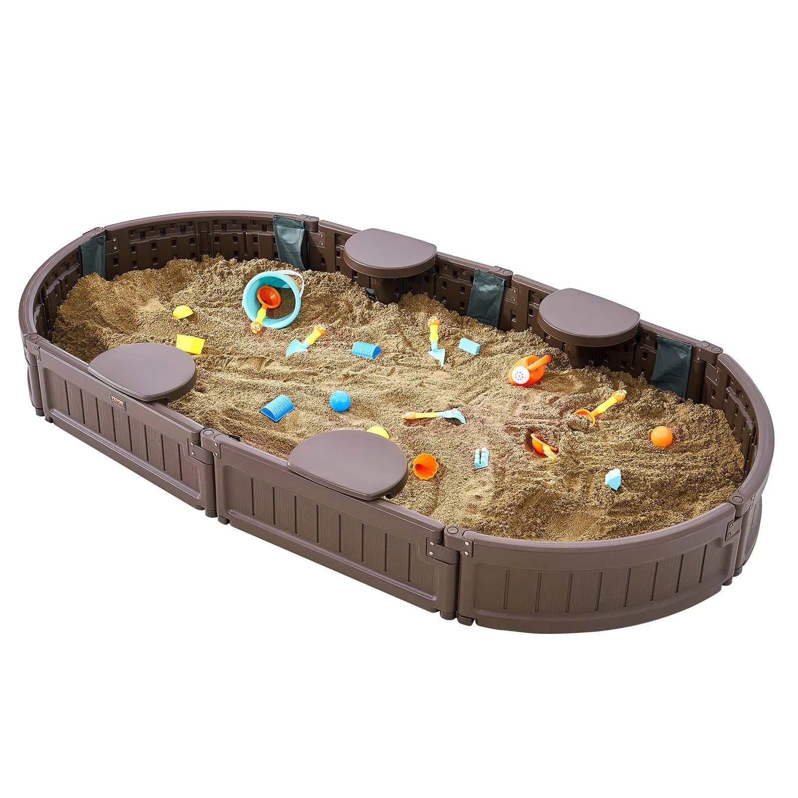 VEVOR smilšu kaste ar pārsegu, ovāla HDPE smilšu kaste 183 × 105,5 × 23 cm ar 4 stūra sēdvietām un apakšas oderi, bērnu smilšu kaste lietošanai pagalmā, pludmalē vai parkā, piemērota bērniem no 3 līdz 12 gadiem, brūnā krāsā