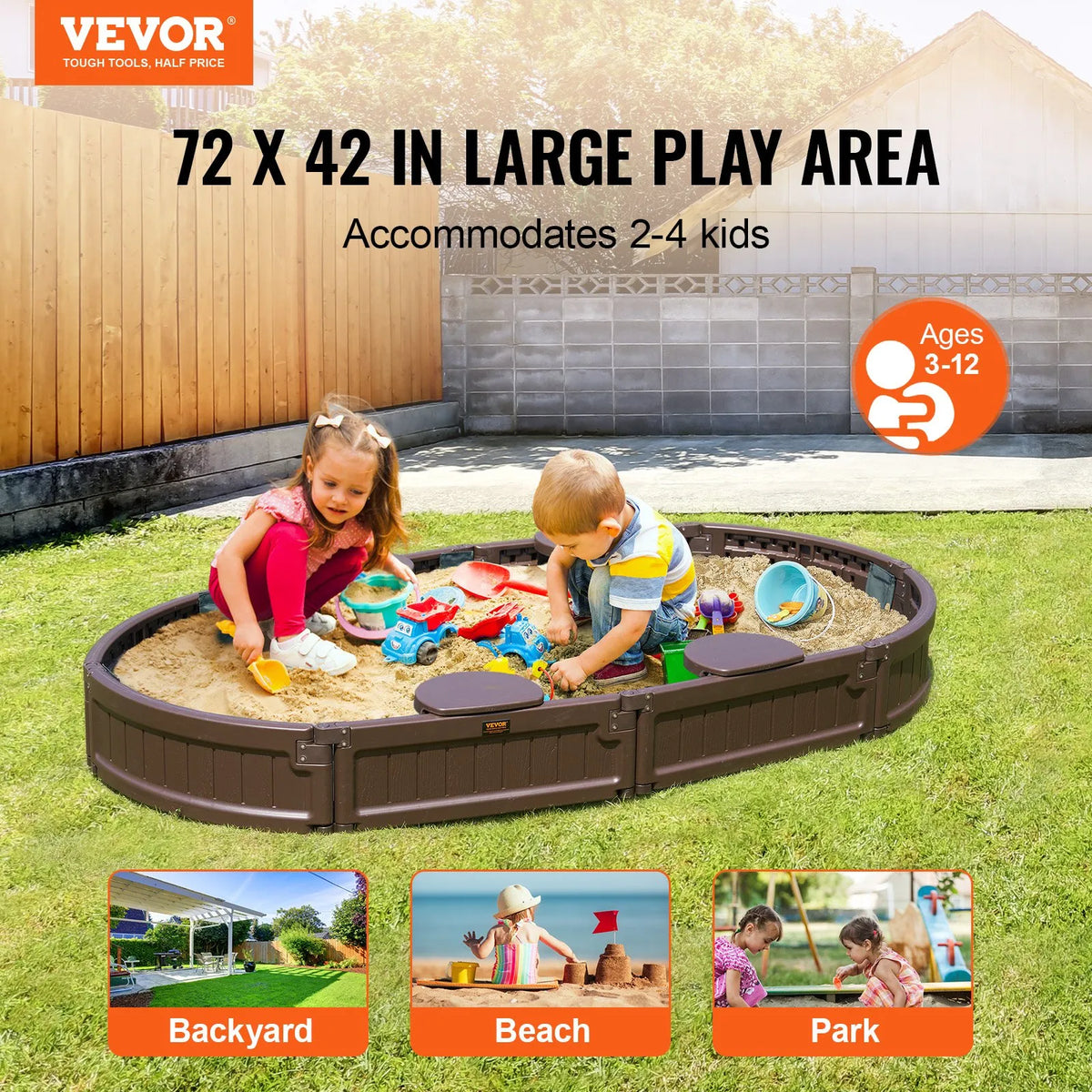 VEVOR smilšu kaste ar pārsegu, ovāla HDPE smilšu kaste 183 × 105,5 × 23 cm ar 4 stūra sēdvietām un apakšas oderi, bērnu smilšu kaste lietošanai pagalmā, pludmalē vai parkā, piemērota bērniem no 3 līdz 12 gadiem, brūnā krāsā