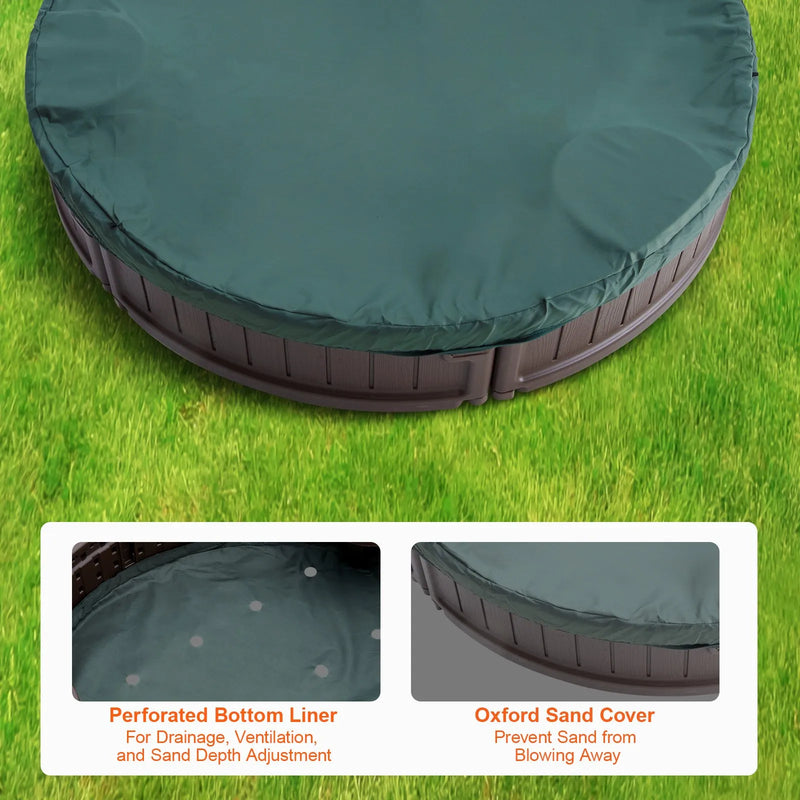 VEVOR smilšu kaste ar pārsegu, ovāla HDPE smilšu kaste 183 × 105,5 × 23 cm ar 4 stūra sēdvietām un apakšas oderi, bērnu smilšu kaste lietošanai pagalmā, pludmalē vai parkā, piemērota bērniem no 3 līdz 12 gadiem, brūnā krāsā