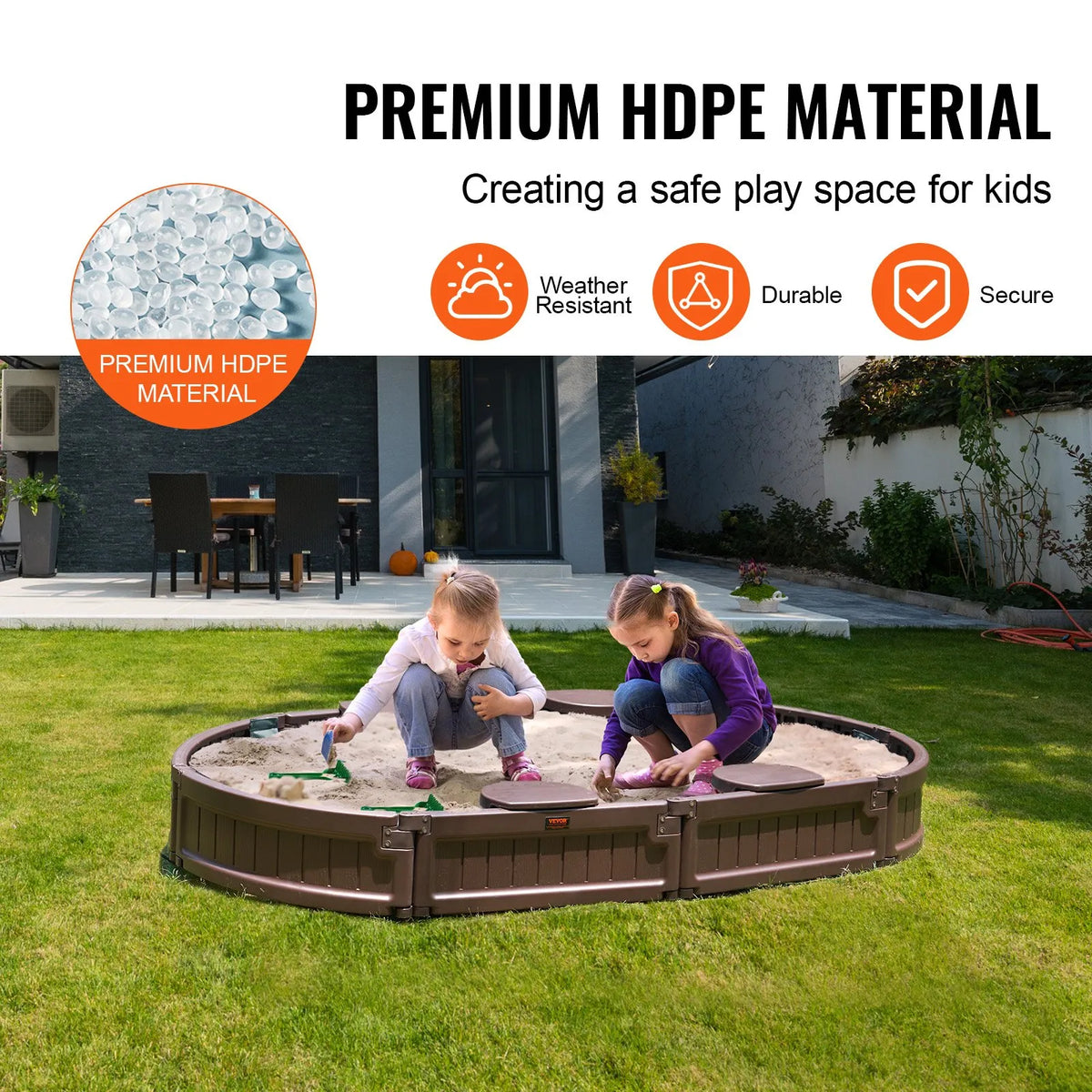 VEVOR smilšu kaste ar pārsegu, ovāla HDPE smilšu kaste 183 × 105,5 × 23 cm ar 4 stūra sēdvietām un apakšas oderi, bērnu smilšu kaste lietošanai pagalmā, pludmalē vai parkā, piemērota bērniem no 3 līdz 12 gadiem, brūnā krāsā