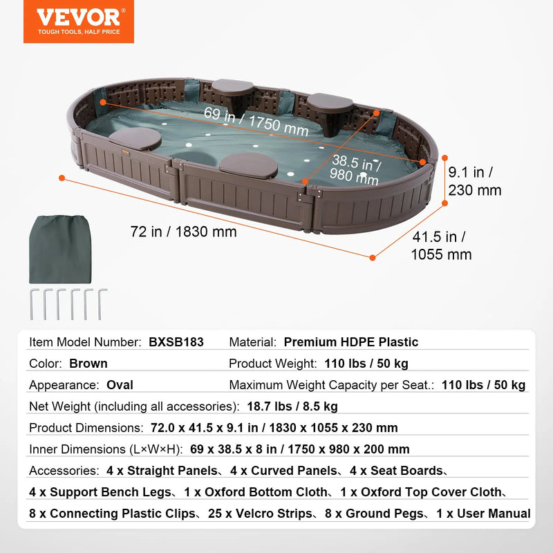 VEVOR smilšu kaste ar pārsegu, ovāla HDPE smilšu kaste 183 × 105,5 × 23 cm ar 4 stūra sēdvietām un apakšas oderi, bērnu smilšu kaste lietošanai pagalmā, pludmalē vai parkā, piemērota bērniem no 3 līdz 12 gadiem, brūnā krāsā