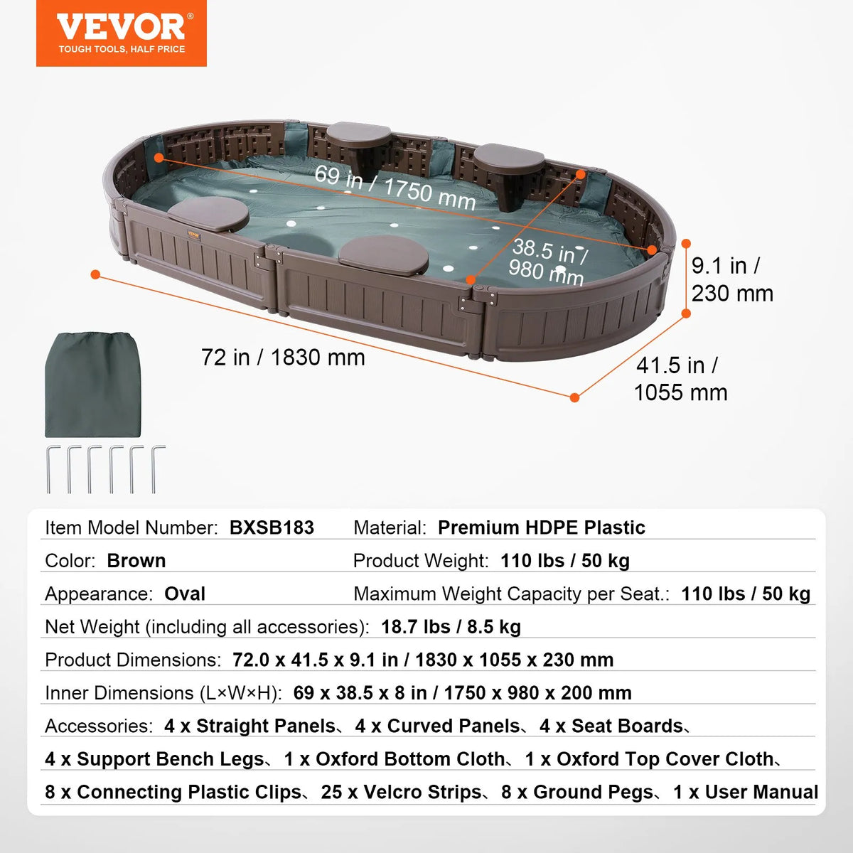VEVOR smilšu kaste ar pārsegu, ovāla HDPE smilšu kaste 183 × 105,5 × 23 cm ar 4 stūra sēdvietām un apakšas oderi, bērnu smilšu kaste lietošanai pagalmā, pludmalē vai parkā, piemērota bērniem no 3 līdz 12 gadiem, brūnā krāsā