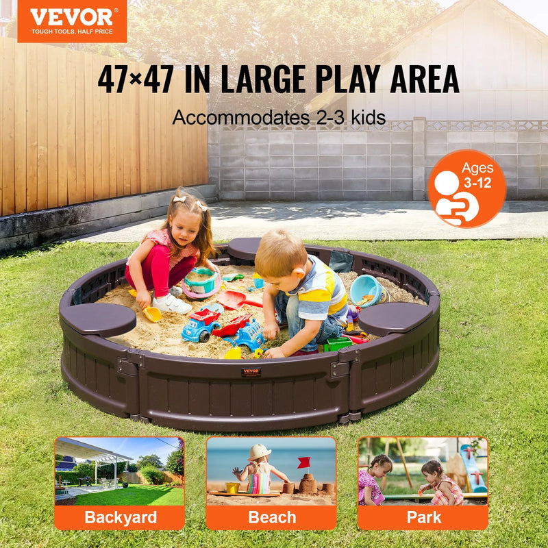 VEVOR smilšu kaste ar pārsegu, apaļa HDPE smilšu kaste Ø120 × 23 cm ar 3 stūra sēdvietām un apakšas oderi, bērnu smilšu kaste lietošanai pagalmā, pludmalē vai parkā, piemērota bērniem no 3 līdz 12 gadiem, brūnā krāsā