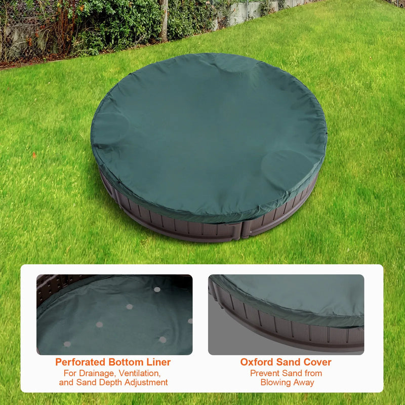 VEVOR smilšu kaste ar pārsegu, apaļa HDPE smilšu kaste Ø120 × 23 cm ar 3 stūra sēdvietām un apakšas oderi, bērnu smilšu kaste lietošanai pagalmā, pludmalē vai parkā, piemērota bērniem no 3 līdz 12 gadiem, brūnā krāsā