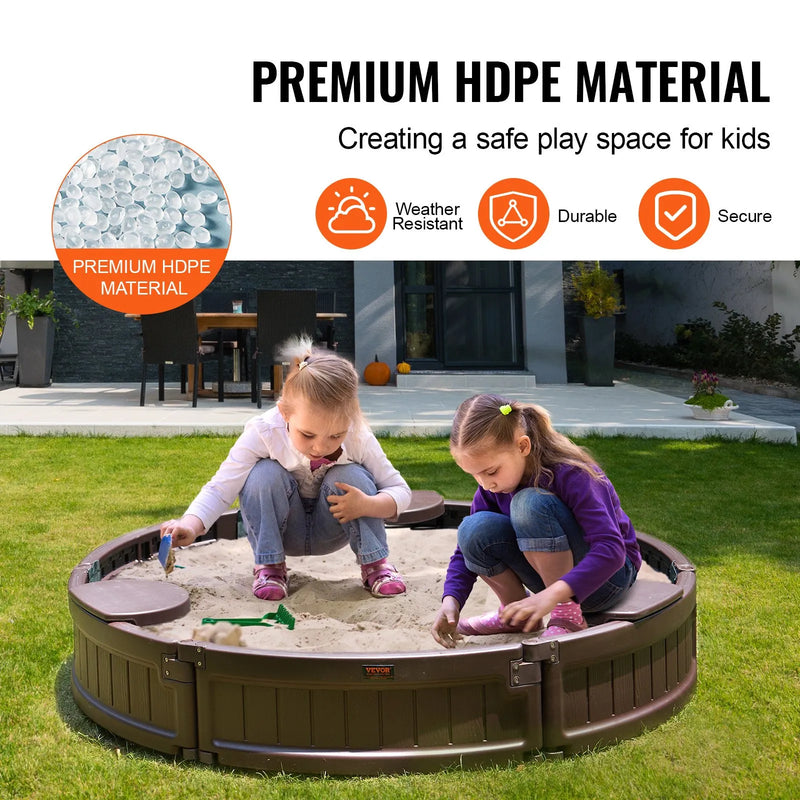 VEVOR smilšu kaste ar pārsegu, apaļa HDPE smilšu kaste Ø120 × 23 cm ar 3 stūra sēdvietām un apakšas oderi, bērnu smilšu kaste lietošanai pagalmā, pludmalē vai parkā, piemērota bērniem no 3 līdz 12 gadiem, brūnā krāsā