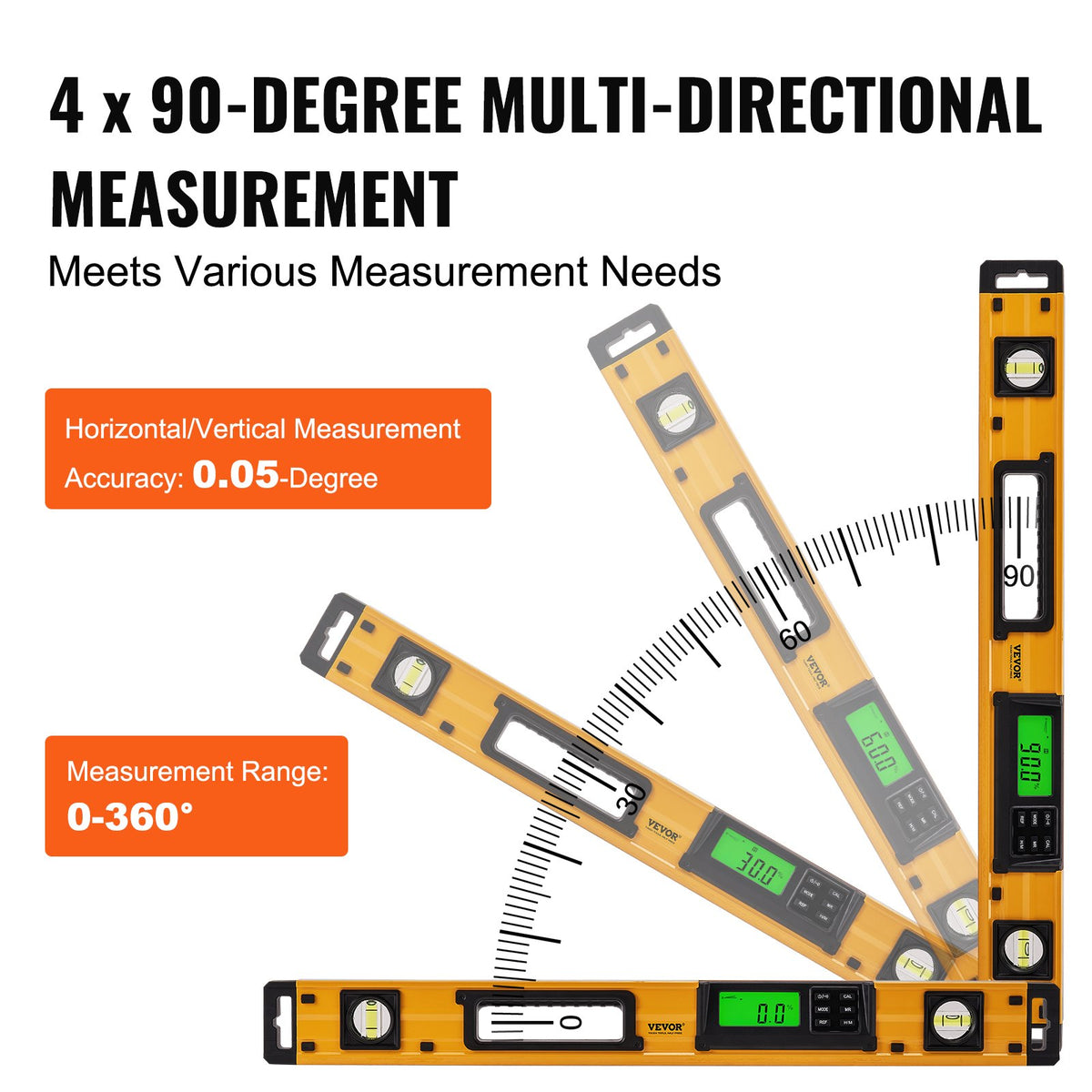 VEVOR magnētiskais torpēdas līmeņrādis 600 mm ar LED apgaismotu displeju, mehāniskiem burbuļlīmeņiem un 0-360° lineālu, alumīnija sakausējuma līmeņošanas instruments ar skatlogu santehnikai un kokapstrādei