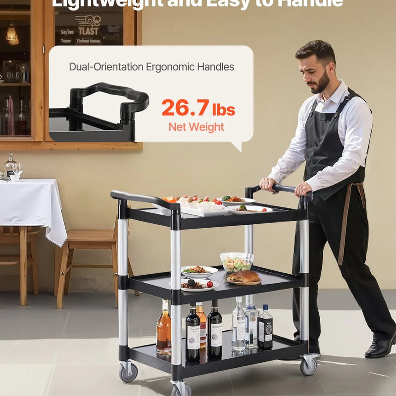 VEVOR 3 līmeņu plastmasas servisa ratiņi, 226,8 kg, 79 × 49 cm, ar 360° grozāmiem riteņiem un bremzēm