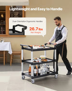 VEVOR 3 līmeņu plastmasas servisa ratiņi, 226,8 kg, 79 × 49 cm, ar 360° grozāmiem riteņiem un bremzēm