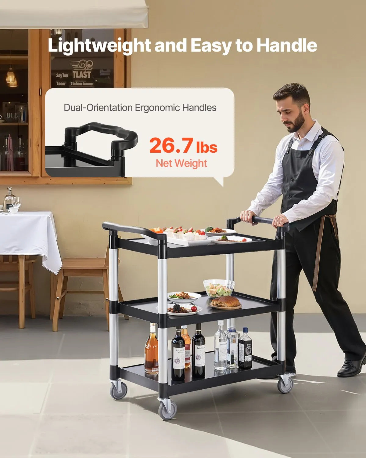 VEVOR 3 līmeņu plastmasas servisa ratiņi, 226,8 kg, 79 × 49 cm, ar 360° grozāmiem riteņiem un bremzēm