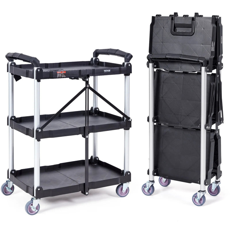 VEVOR salokāmi plastmasas servisa ratiņi ar 3 plauktiem, 74,8 kg kravnesība, bloķējami riteņi, 65,1 x 39,2 x 83,2 cm