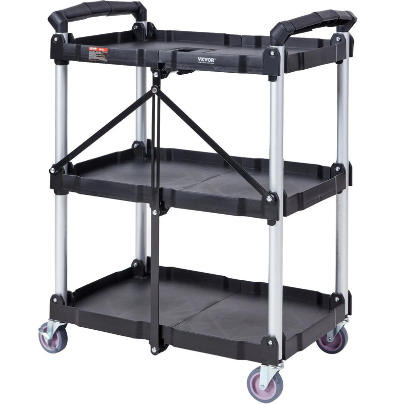 VEVOR salokāmi plastmasas servisa ratiņi ar 3 plauktiem, 74,8 kg kravnesība, bloķējami riteņi, 65,1 x 39,2 x 83,2 cm