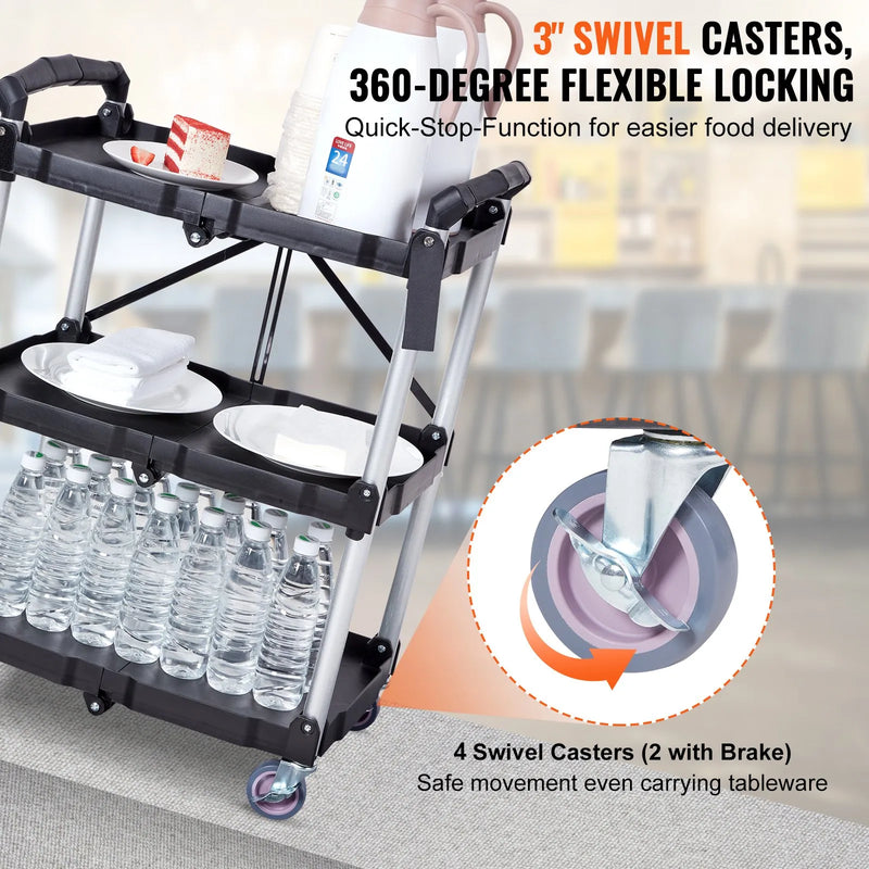 VEVOR salokāmi plastmasas servisa ratiņi ar 3 plauktiem, 74,8 kg kravnesība, bloķējami riteņi, 65,1 x 39,2 x 83,2 cm