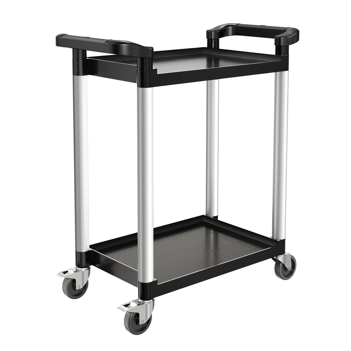 VEVOR 2 līmeņu plastmasas saimniecības ratiņi, 136 kg, ar 360° grozāmiem riteņiem, 2 ar bremzēm, 62 × 40,9 cm