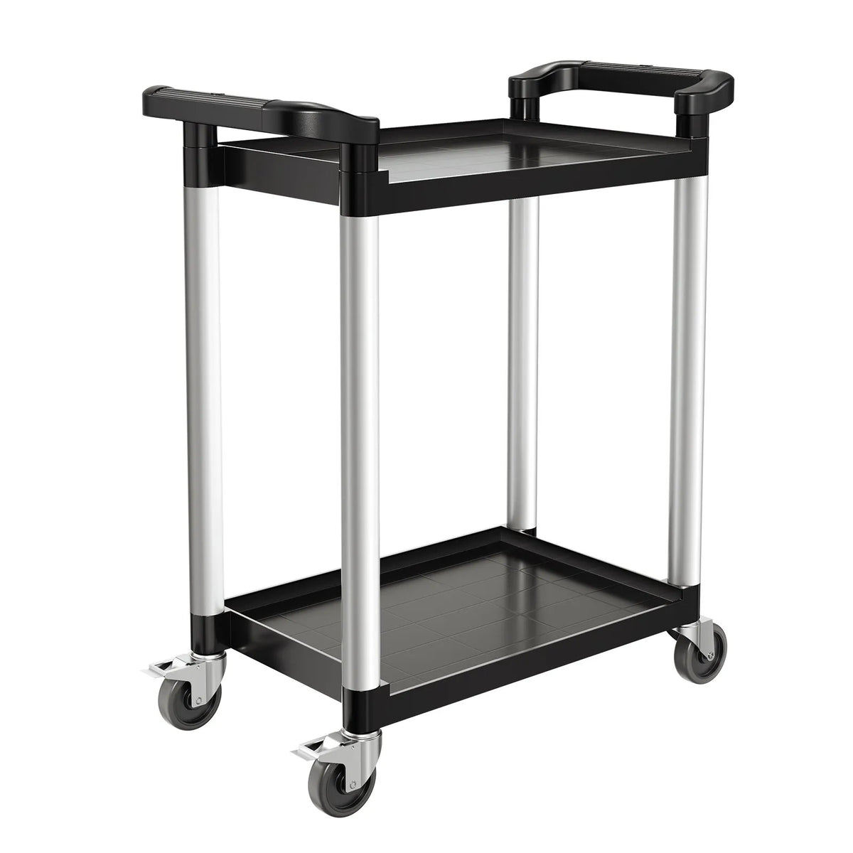 VEVOR 2 līmeņu plastmasas saimniecības ratiņi, 136 kg, ar 360° grozāmiem riteņiem, 2 ar bremzēm, 62 × 40,9 cm