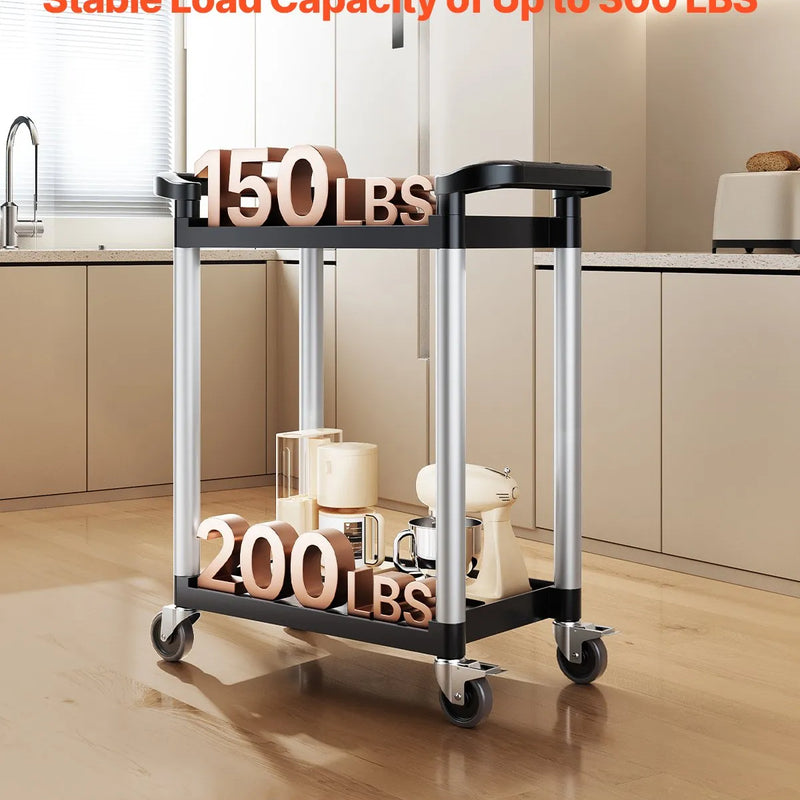VEVOR 2 līmeņu plastmasas saimniecības ratiņi, 136 kg, ar 360° grozāmiem riteņiem, 2 ar bremzēm, 62 × 40,9 cm