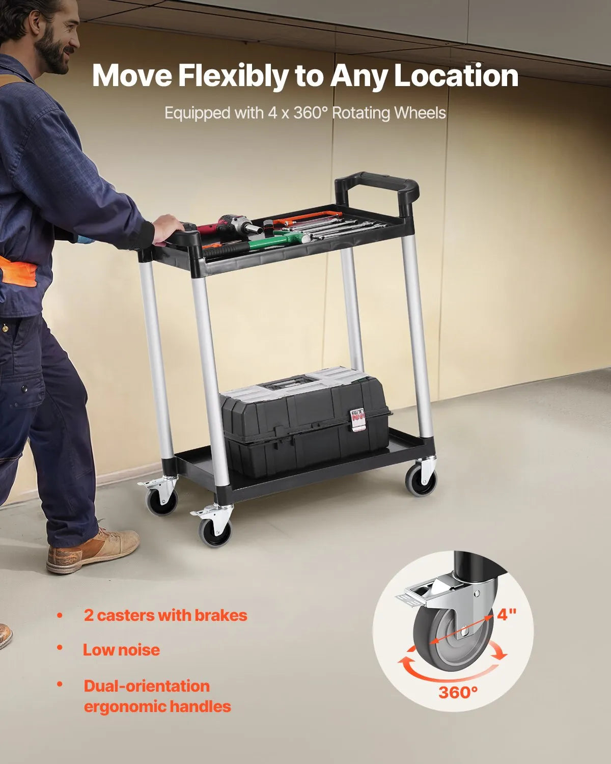 VEVOR 2 līmeņu plastmasas saimniecības ratiņi, 136 kg, ar 360° grozāmiem riteņiem, 2 ar bremzēm, 62 × 40,9 cm