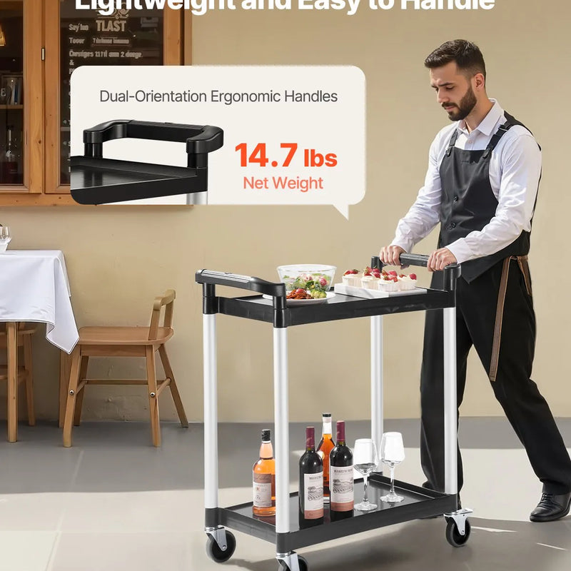 VEVOR 2 līmeņu plastmasas saimniecības ratiņi, 136 kg, ar 360° grozāmiem riteņiem, 2 ar bremzēm, 62 × 40,9 cm