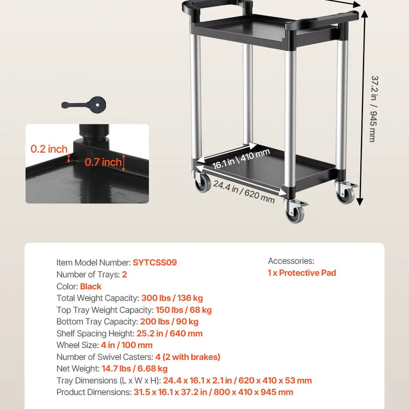 VEVOR 2 līmeņu plastmasas saimniecības ratiņi, 136 kg, ar 360° grozāmiem riteņiem, 2 ar bremzēm, 62 × 40,9 cm