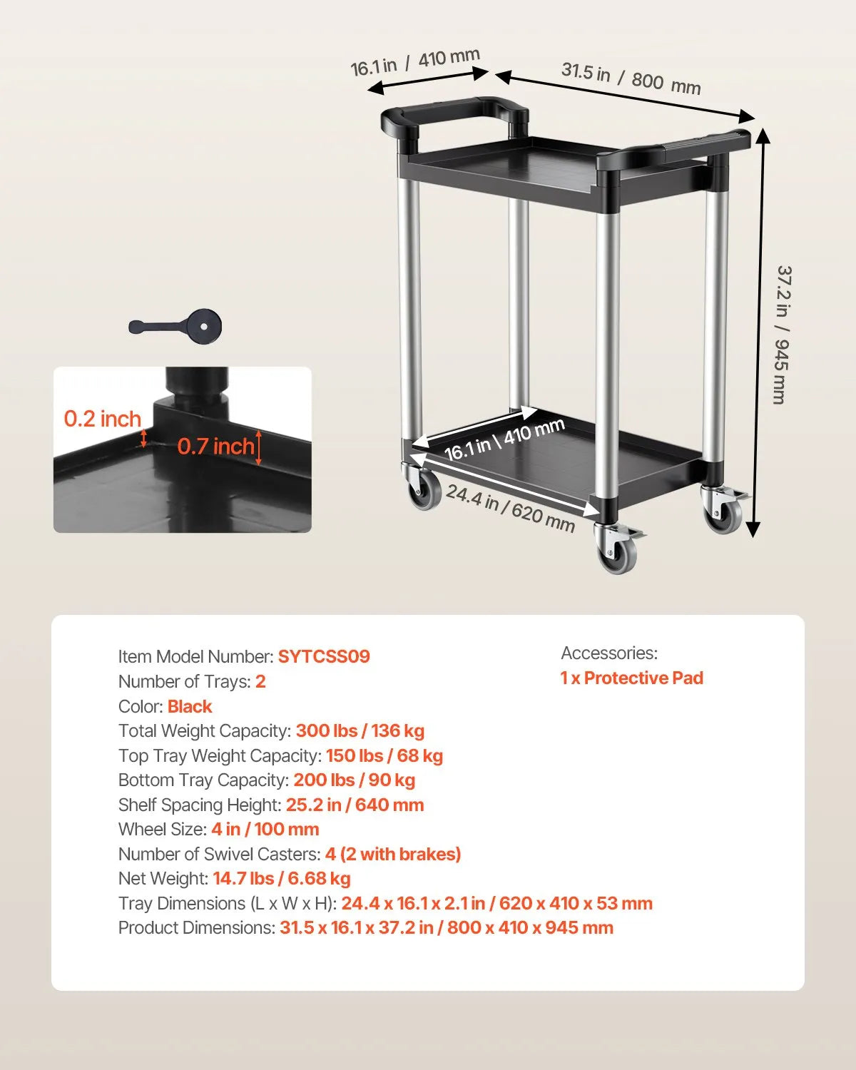 VEVOR 2 līmeņu plastmasas saimniecības ratiņi, 136 kg, ar 360° grozāmiem riteņiem, 2 ar bremzēm, 62 × 40,9 cm