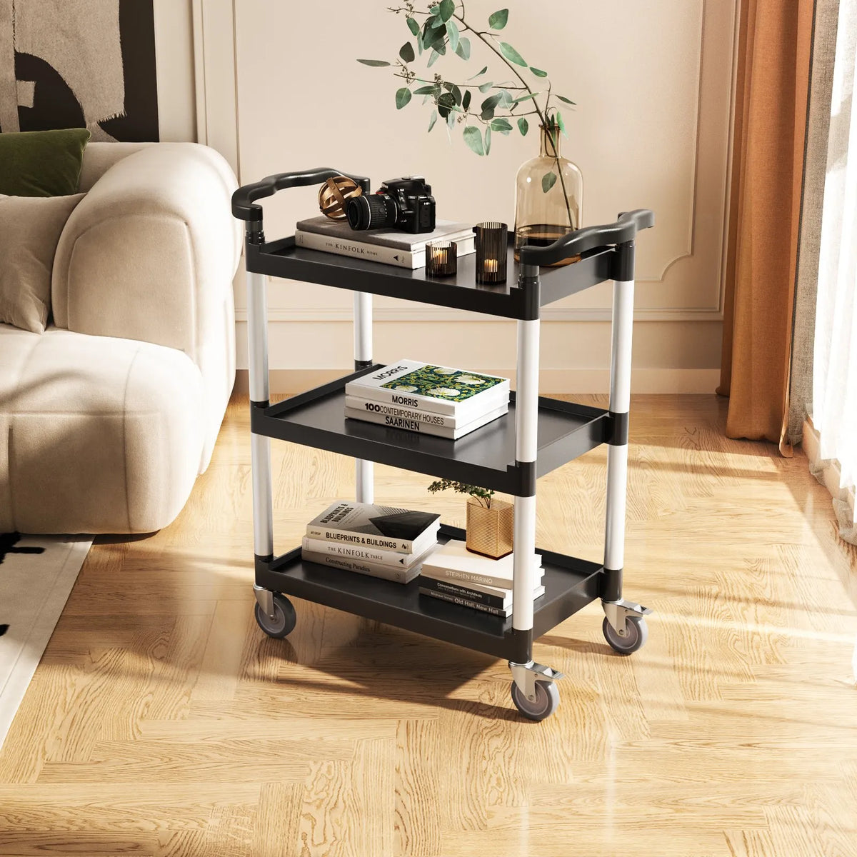 VEVOR 2 līmeņu plastmasas saimniecības ratiņi, 136 kg, ar 360° grozāmiem riteņiem, 2 ar bremzēm, 62 × 40,9 cm