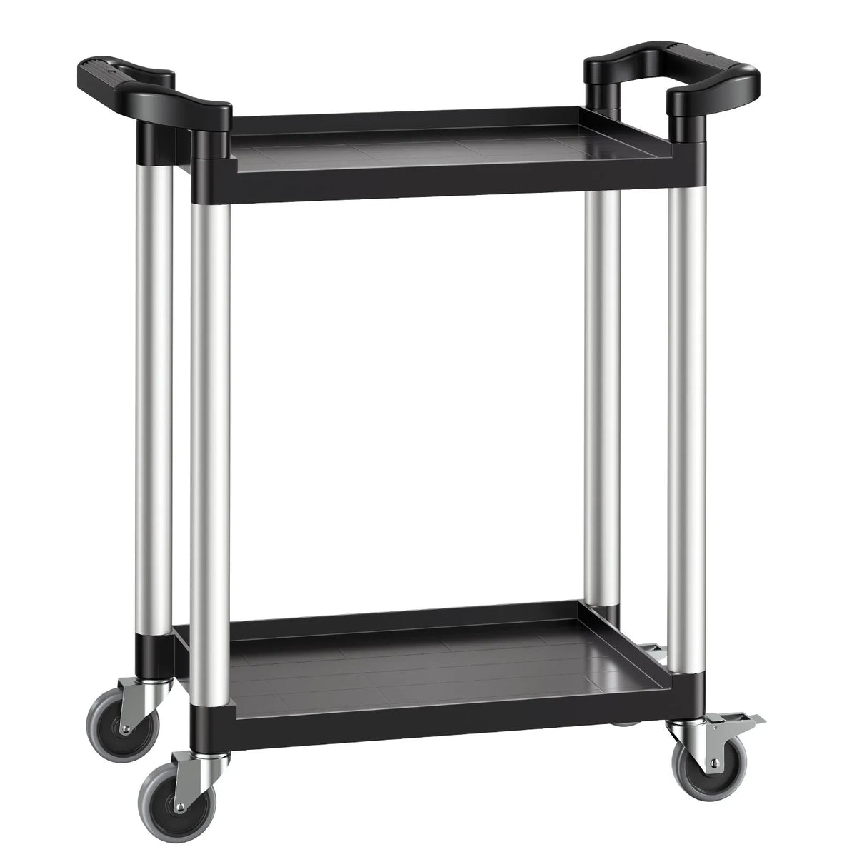 VEVOR 2 līmeņu plastmasas saimniecības ratiņi, 136 kg, ar 360° grozāmiem riteņiem, 2 ar bremzēm, 62 × 40,9 cm