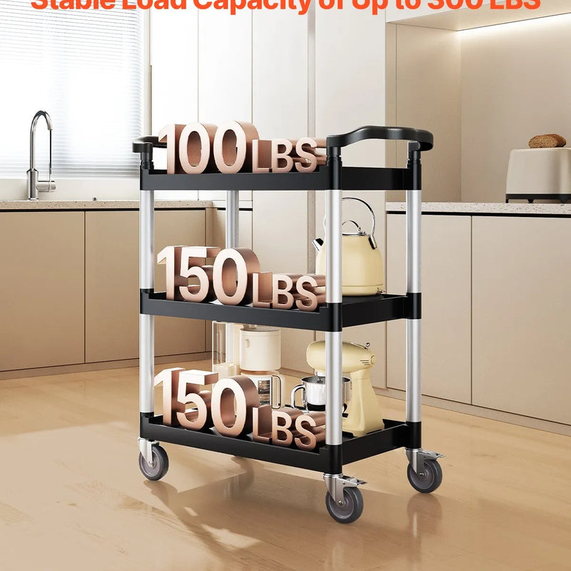 VEVOR 3 līmeņu plastmasas servisa ratiņi, 136 kg, 62 × 40,9 cm, ar 360° grozāmiem riteņiem un bremzēm