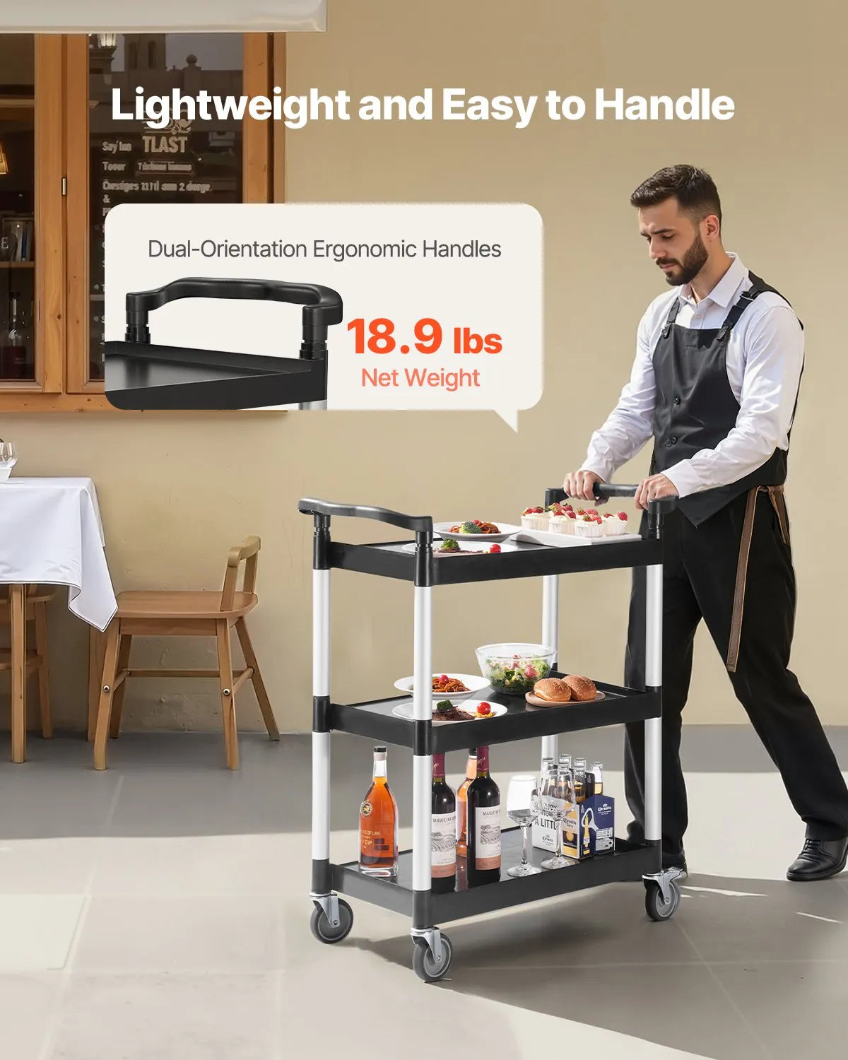 VEVOR 3 līmeņu plastmasas servisa ratiņi, 136 kg, 62 × 40,9 cm, ar 360° grozāmiem riteņiem un bremzēm