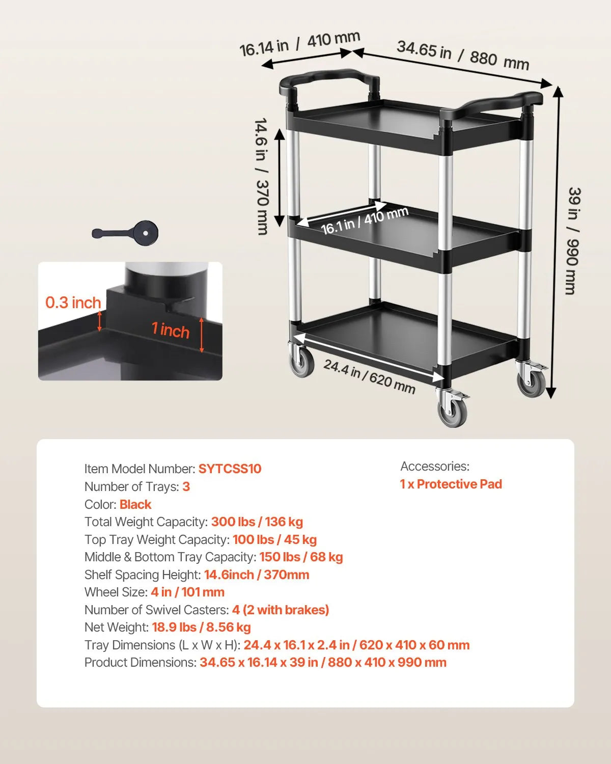 VEVOR 3 līmeņu plastmasas servisa ratiņi, 136 kg, 62 × 40,9 cm, ar 360° grozāmiem riteņiem un bremzēm