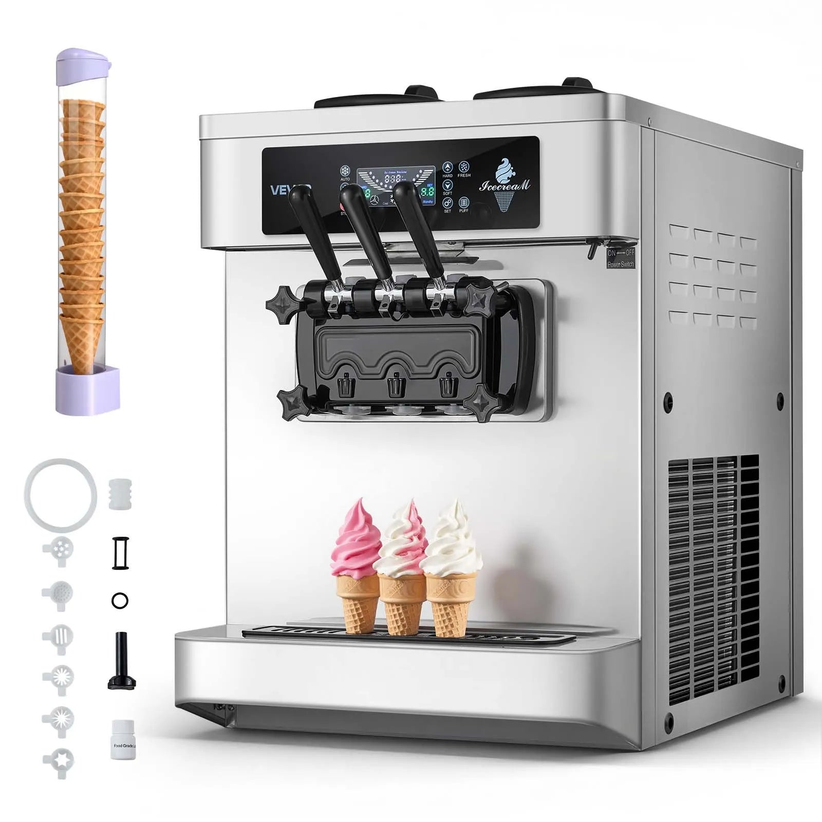 VEVOR komerciālā saldējuma mašīna 20–28 l/h, 2200 W, 3 garšu galda mīkstā saldējuma aparāts ar 2 × 6 l tvertnēm, iebūvētu gaisa padeves sūkni, priekšdzesēšanu un zema maisījuma brīdinājumu