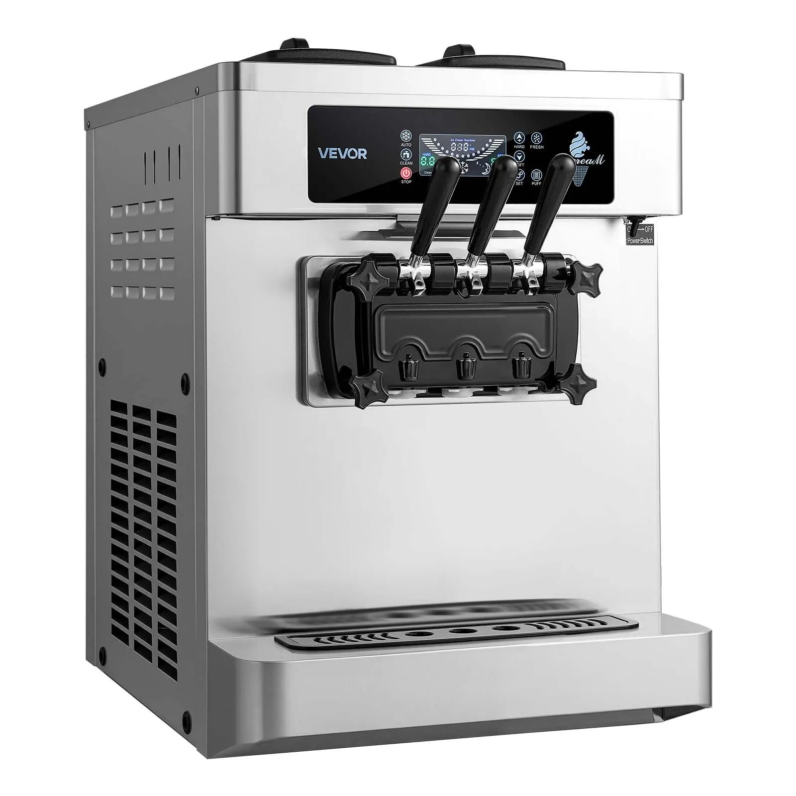 VEVOR komerciālā saldējuma mašīna 20–28 l/h, 2200 W, 3 garšu galda mīkstā saldējuma aparāts ar 2 × 6 l tvertnēm, iebūvētu gaisa padeves sūkni, priekšdzesēšanu un zema maisījuma brīdinājumu