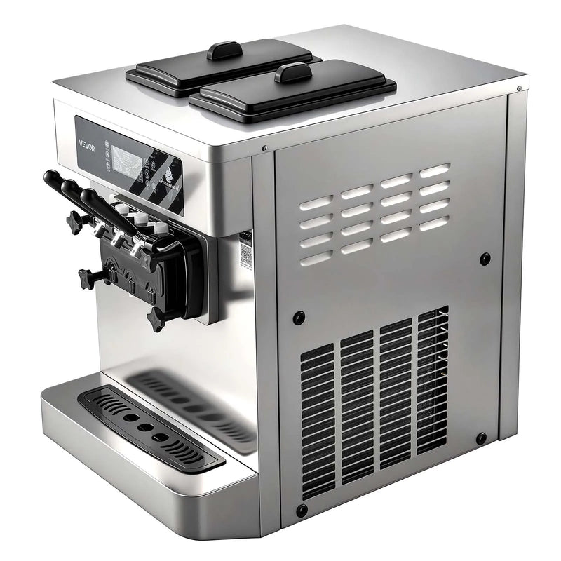 VEVOR komerciālā saldējuma mašīna 20–28 l/h, 2200 W, 3 garšu galda mīkstā saldējuma aparāts ar 2 × 6 l tvertnēm, iebūvētu gaisa padeves sūkni, priekšdzesēšanu un zema maisījuma brīdinājumu