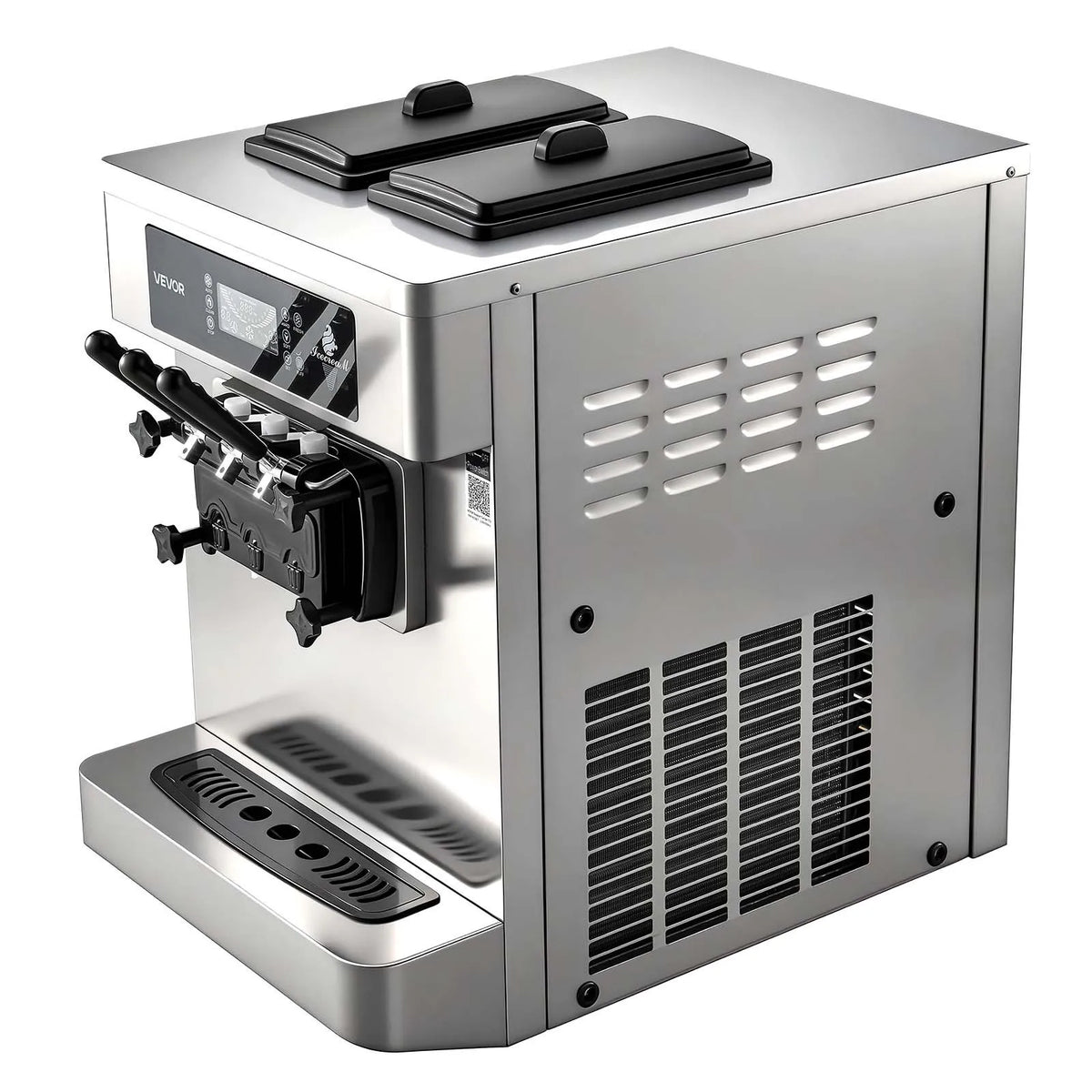 VEVOR komerciālā saldējuma mašīna 20–28 l/h, 2200 W, 3 garšu galda mīkstā saldējuma aparāts ar 2 × 6 l tvertnēm, iebūvētu gaisa padeves sūkni, priekšdzesēšanu un zema maisījuma brīdinājumu