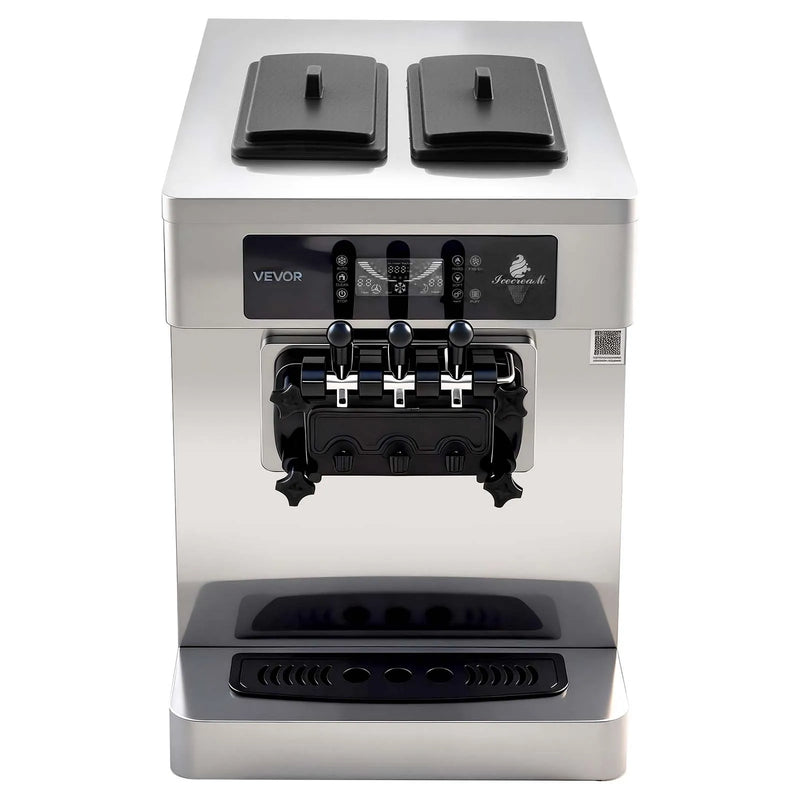 VEVOR komerciālā saldējuma mašīna 20–28 l/h, 2200 W, 3 garšu galda mīkstā saldējuma aparāts ar 2 × 6 l tvertnēm, iebūvētu gaisa padeves sūkni, priekšdzesēšanu un zema maisījuma brīdinājumu