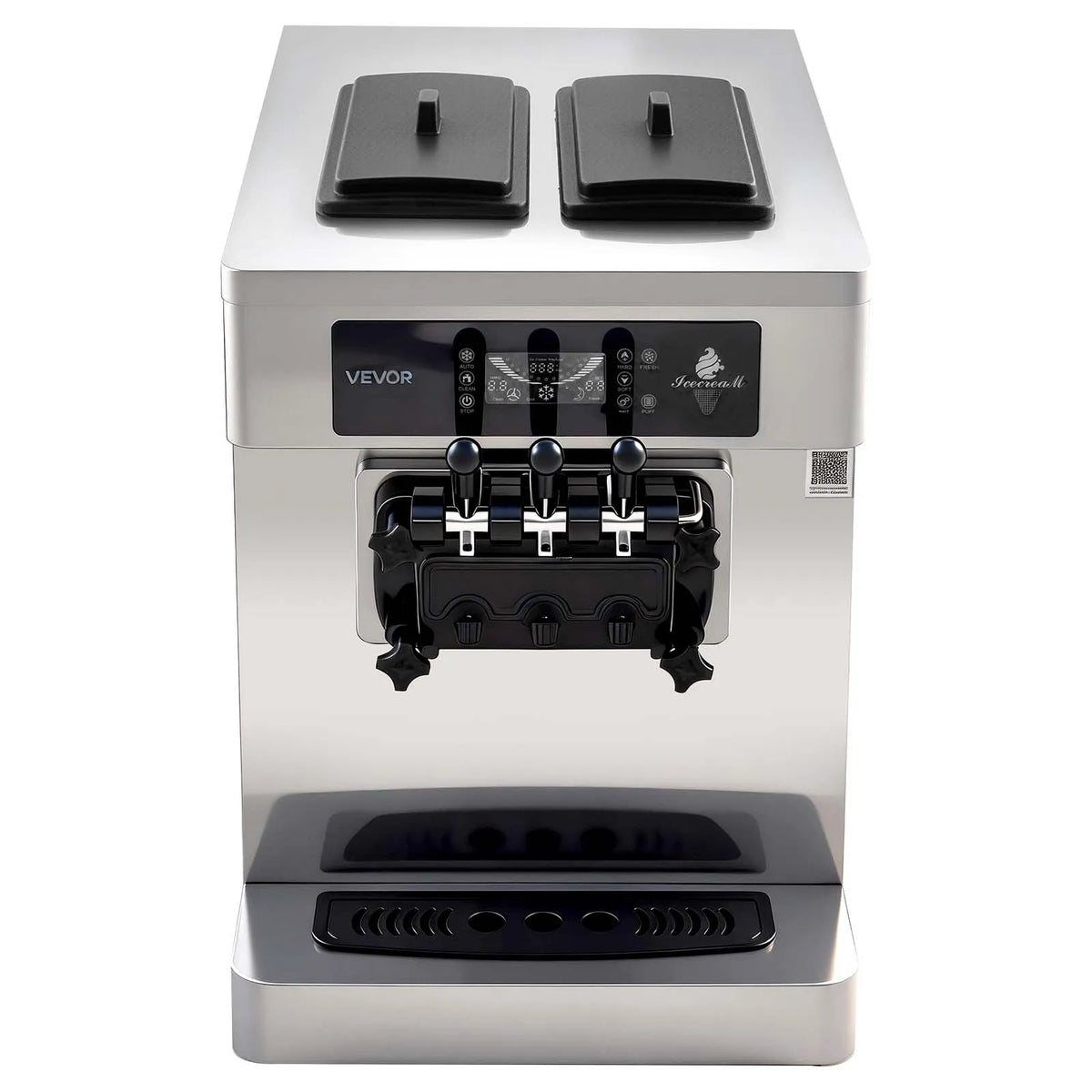 VEVOR komerciālā saldējuma mašīna 20–28 l/h, 2200 W, 3 garšu galda mīkstā saldējuma aparāts ar 2 × 6 l tvertnēm, iebūvētu gaisa padeves sūkni, priekšdzesēšanu un zema maisījuma brīdinājumu
