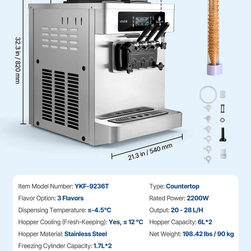 VEVOR komerciālā saldējuma mašīna 20–28 l/h, 2200 W, 3 garšu galda mīkstā saldējuma aparāts ar 2 × 6 l tvertnēm, iebūvētu gaisa padeves sūkni, priekšdzesēšanu un zema maisījuma brīdinājumu