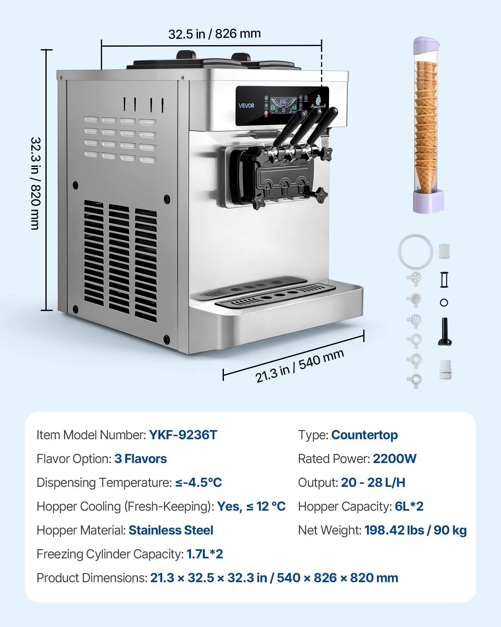 VEVOR komerciālā saldējuma mašīna 20–28 l/h, 2200 W, 3 garšu galda mīkstā saldējuma aparāts ar 2 × 6 l tvertnēm, iebūvētu gaisa padeves sūkni, priekšdzesēšanu un zema maisījuma brīdinājumu