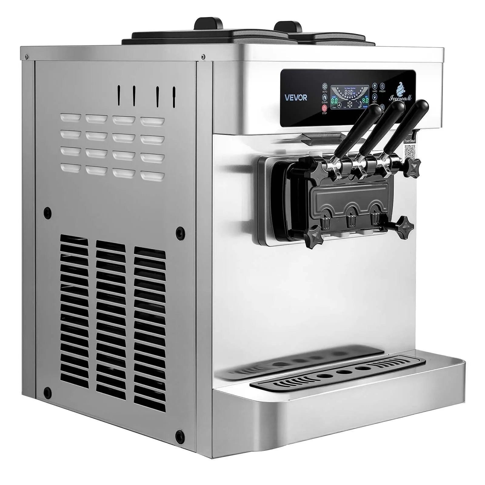 VEVOR komerciālā saldējuma mašīna 20–28 l/h, 2200 W, 3 garšu galda mīkstā saldējuma aparāts ar 2 × 6 l tvertnēm, iebūvētu gaisa padeves sūkni, priekšdzesēšanu un zema maisījuma brīdinājumu