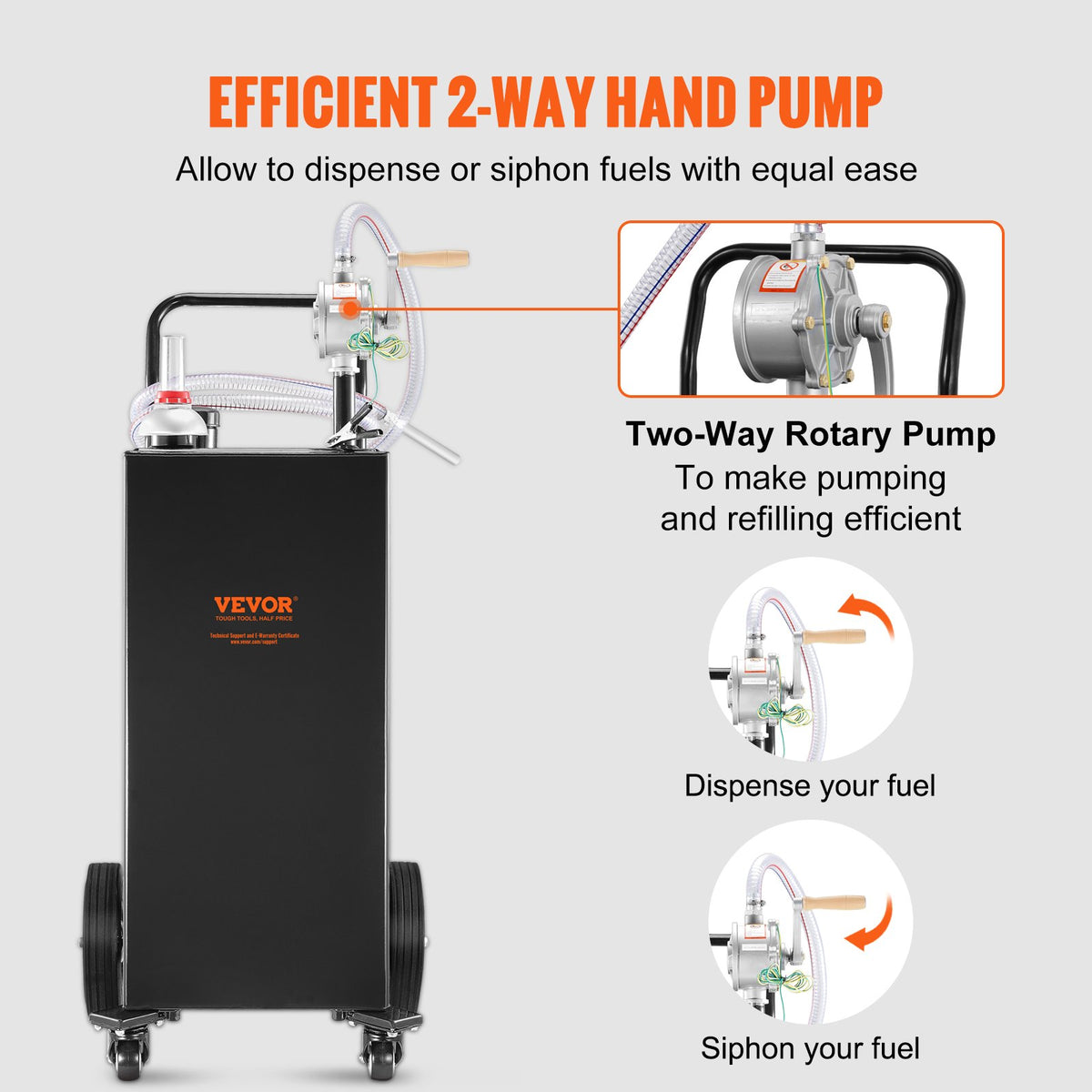 VEVOR 114 litre fuel tank with 4 wheels and manual pump - portable petrol and diesel container for cars, lawnmowers, ATVs, boats - black