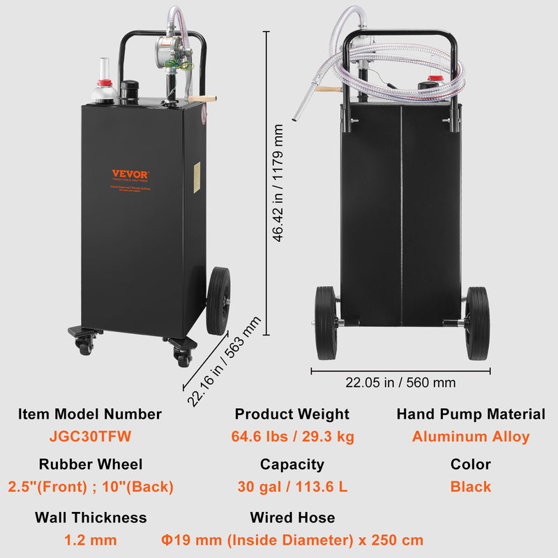 VEVOR 114-liitrine kütusepaak 4 ratta ja manuaalpumbaga - kaasaskantav bensiini- ja diislikonteiner autodele, muruniidukitele, ATV-dele, paatidele - must