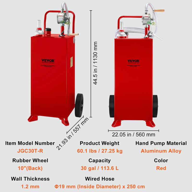 VEVOR 114-liitrine kütusepaak 2 ratta ja manuaalpumbaga - kaasaskantav kütusemahuti bensiinile ja diislikütusele autodele, muruniidukitele, ATV-dele, paatidele - punane